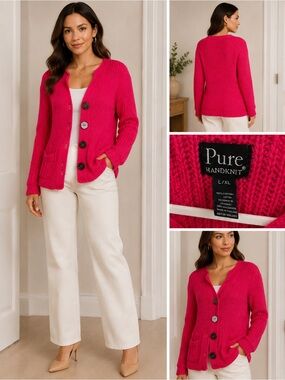Pure Handknit Women's Hot Pink Button Cardigan L/XL